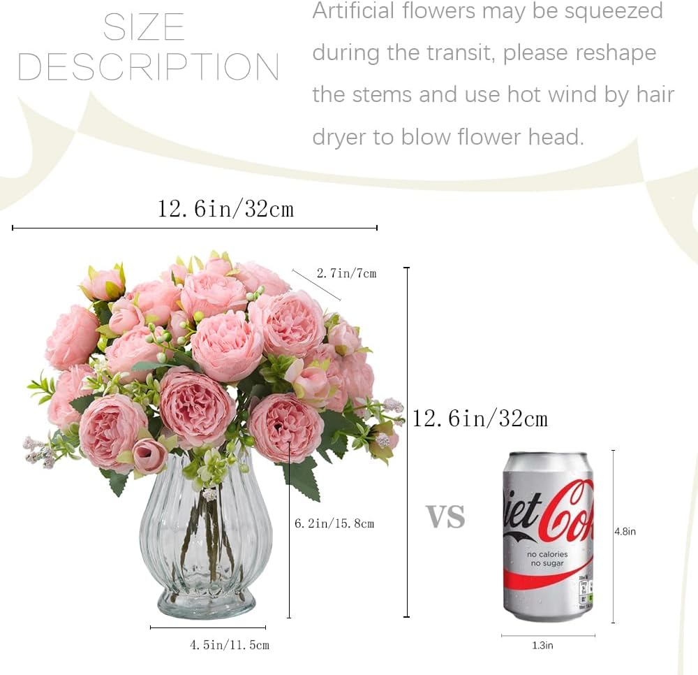 Artificial Peonies Silk Flowers in Glass Vase Faux Flowers Bouquets Modern Penoy Arrangement 4 Pack for Home Decoration Table Centerpiece (Pink)