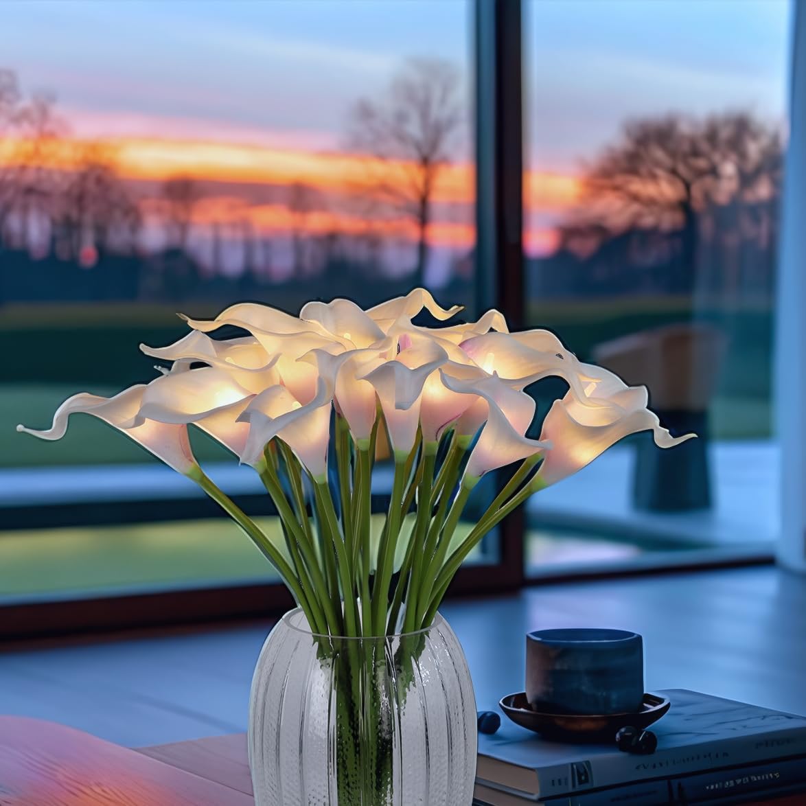 20pcs Artificial Calla Lily Bouquet Lamp Faux Floarl Night Light Real Touch Flower Night Lamp LED Calla Lily Artificial Flower Light Home Kitchen Decor(Whitepurple)