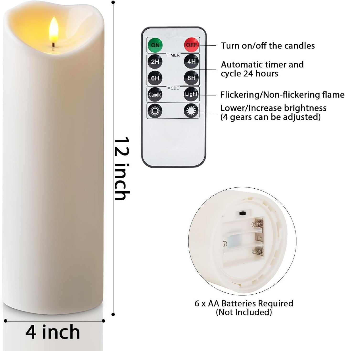 Amagic 4” x 12” Large Waterproof Outdoor Flameless Candles, Battery Operated with Remote Control and Timer, Flickering LED Pillar Candle for Outdoor Patio Yard Porch Decor, Ivory White, Set of 2