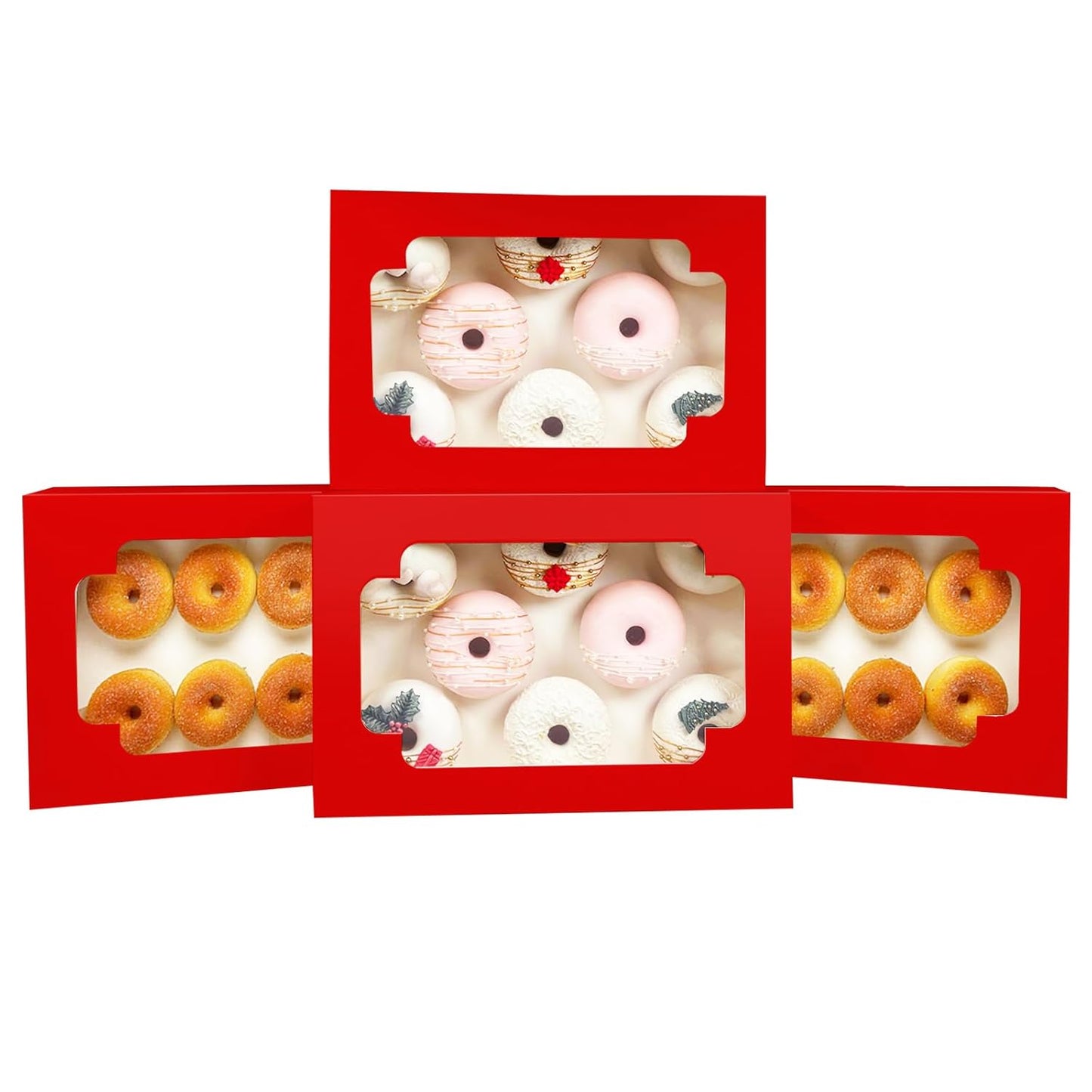 qiqee Auto-pop up Red Cookie Box with Window 12x8x2.5 inch 32 Packs Two Uses One Second Folding Pastry Biscuit Bakery Box for Packaging
