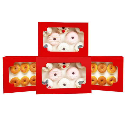 qiqee Auto-pop up Red Cookie Box with Window 12x8x2.5 inch 32 Packs Two Uses One Second Folding Pastry Biscuit Bakery Box for Packaging