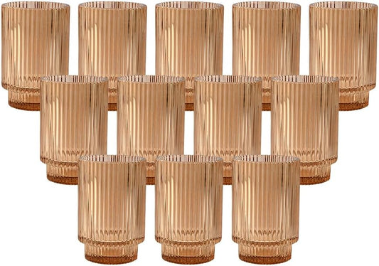 Serene Spaces Living Amber Ribbed Glass Votive Holder, Decorative Centerpiece for Wedding, Christmas, Thanksgiving, Living Room, Home Décor, Measures 3.25" Diameter and 5" Tall, Set of 24