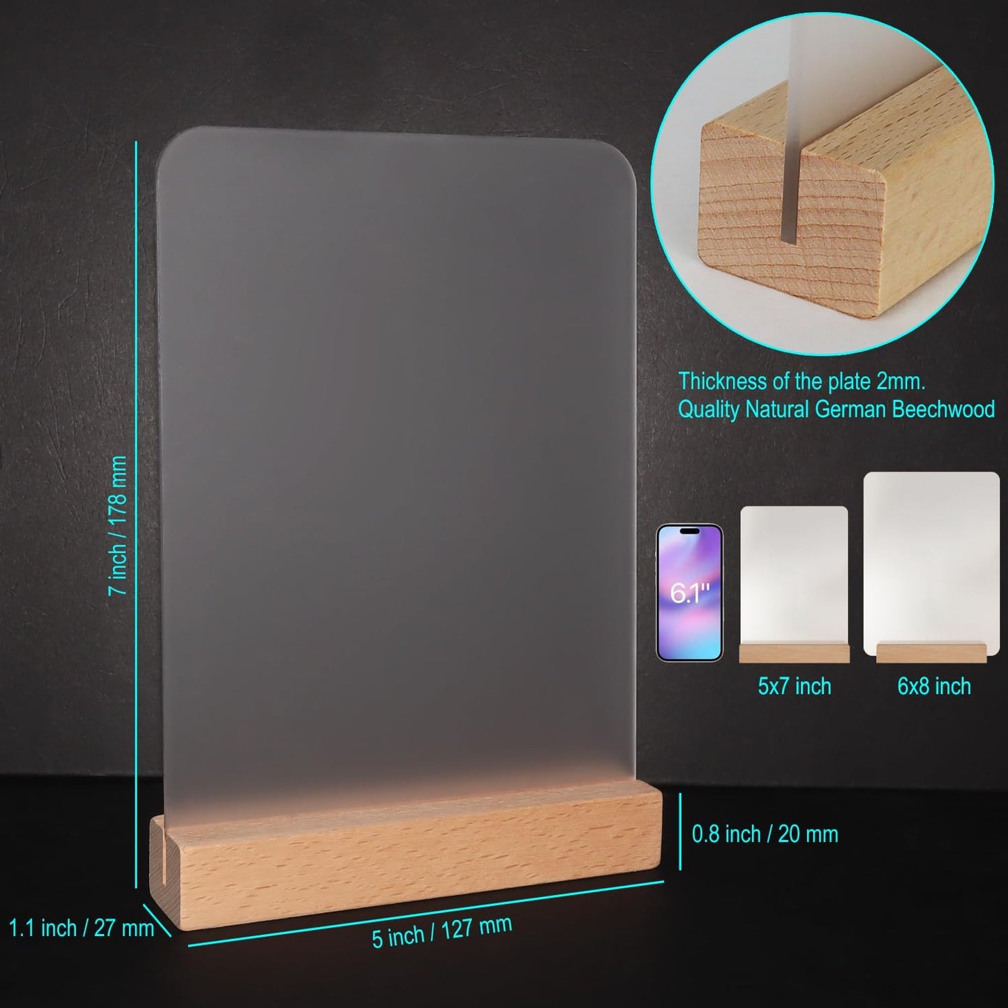 Frosted Blank Rectangle Acrylic Sign with Wooden Stands - 10 Pack DIY Customizable Sign Kit for Wedding Table Numbers, Restaurant Party Bridal Shower (5x7 Inch)