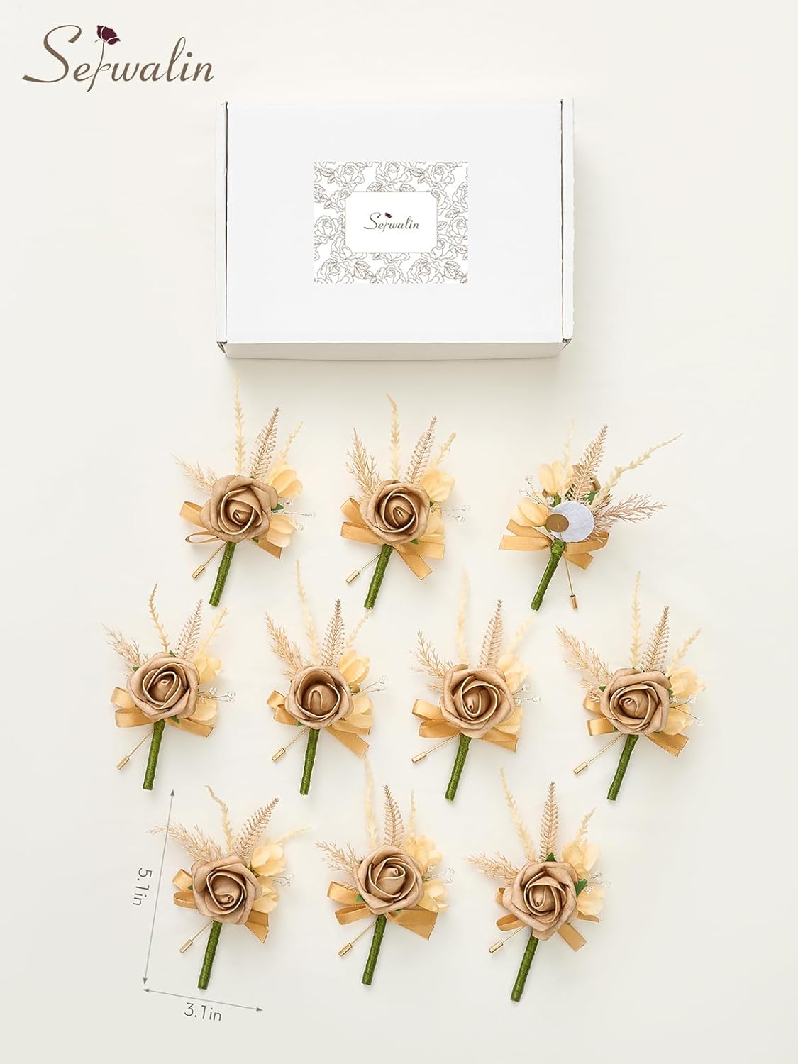 Serwalin 10Pcs Boutonniere for Men, Khaki Groom and Best Man Boutonniere, Artificial Flowers for Wedding Decor, Prom, Homecoming, Ceremony Anniversary, Formal Dinner Party