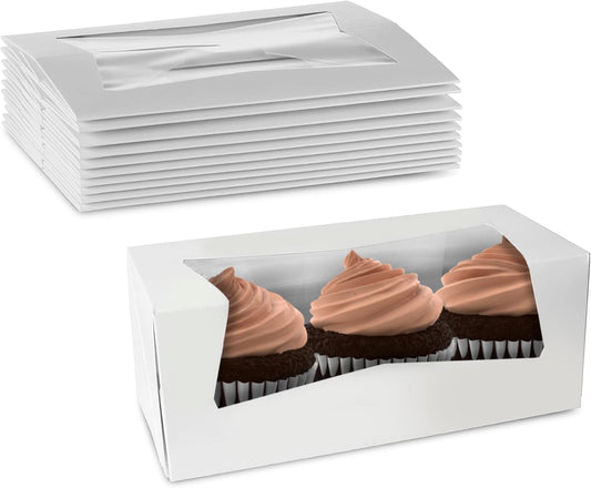 MT Products White Cupcake Boxes 9" x 4" x 3.5" - Auto Pop-Up Bakery Boxes with Window (Pack of 25) - Made in the USA