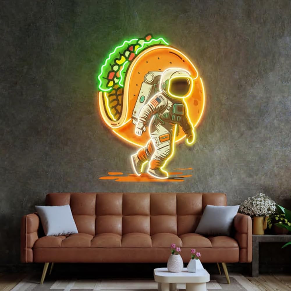 Astronaut Carrying Tacos Neon Sign,BusinessTacos LED Light,taco shop Décor Light Size:20 inch