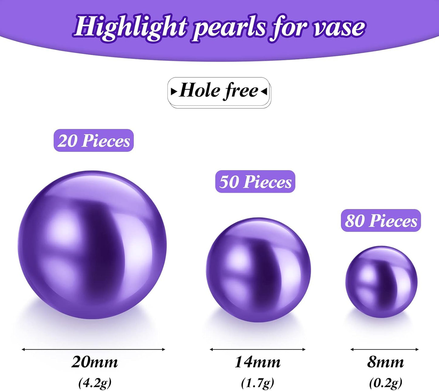150 Pieces Vase Filler Faux Pearls Vase Makeup Beads No Hole Gloss Bead Mixed Sizes Round Pearl for Home Party Wedding Decor, 8/14/20 mm(Purple)