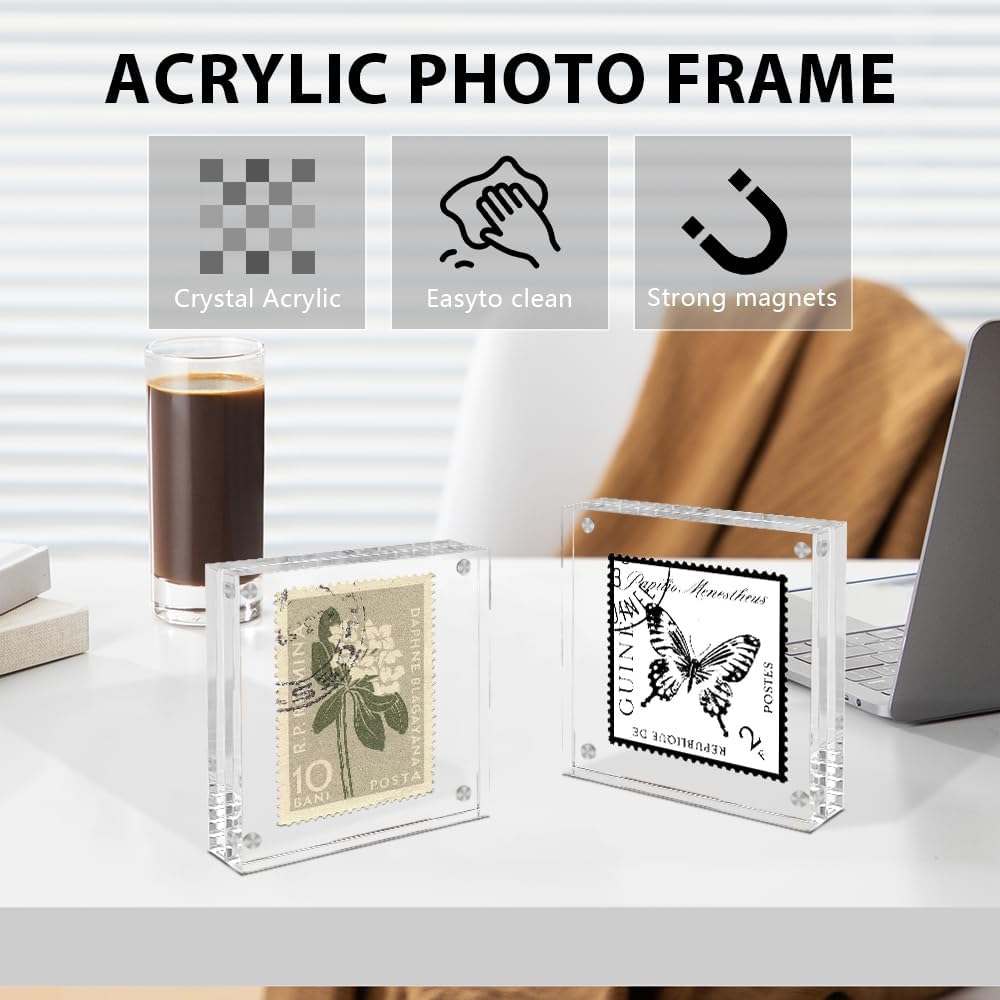 3x3 Acrylic Picture Frames 4 Pack, Square Clear Photo Frame Business Card Frame Magnetic Picture Frames Desktop Display Double Sided Wallet Size Acrylic Freestand Frames