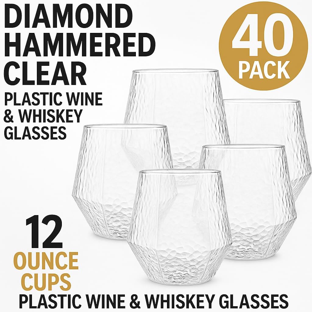 40 count Diamond Unbreakable Stemless Plastic Wine Champagne Whiskey Glasses Elegant Durable Disposable Indoor Outdoor Ideal for Home, Office, Bars, Wedding, 12 Ounce Cups (Hammered Clear)