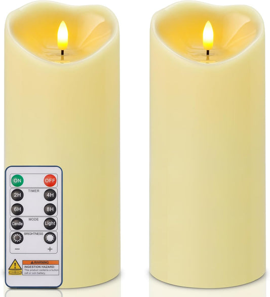 Amagic 4” x 9” Large Outdoor Waterproof Flameless Candles with Remote, Battery Operated Candles with Timer, Flickering Fake LED Pillar Candle for Patio Garden Wedding Decor, Dark Ivory, Set of 2