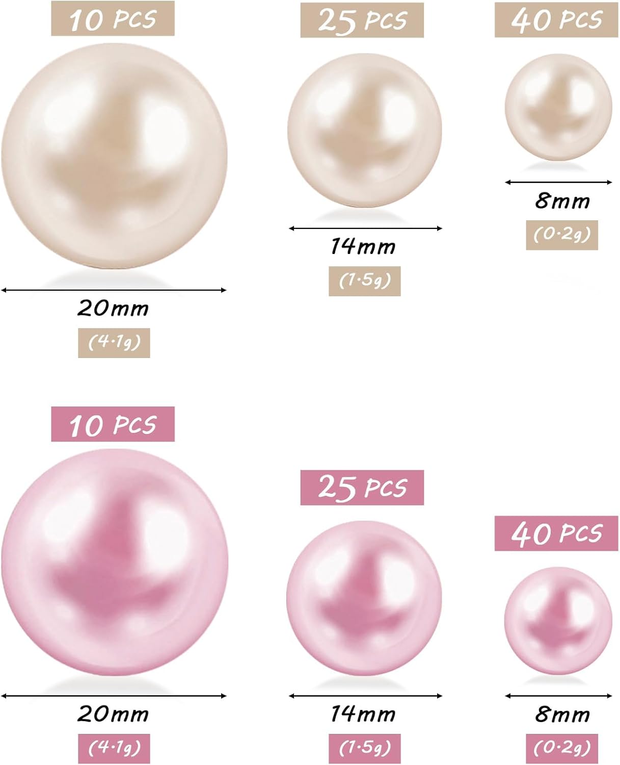 150Pcs Cream&Pink Polished No Hole Faux Pearl Beads for Vase Filling Decorations, Plastic Pearls Vase Fillers, Table Scatters, Wedding Centerpiece, Home Decor, 8/14/20 mm