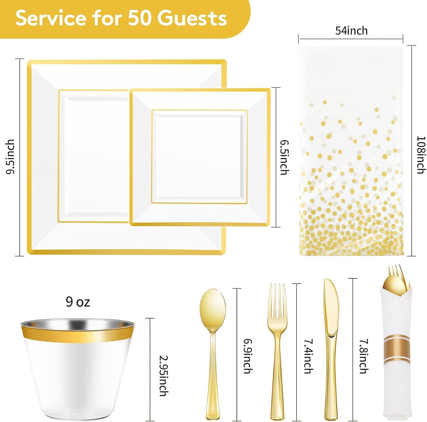 Goodluck 352 Piece Gold Dinnerware Set for 50 Guests, Thanksgiving Square Plastic Plates with Gold Trim, Include: 100 Plastic Plates, 50 Rolled Napkins, 50 Cups, 50 Cutlery Set and 2 Tablecloth