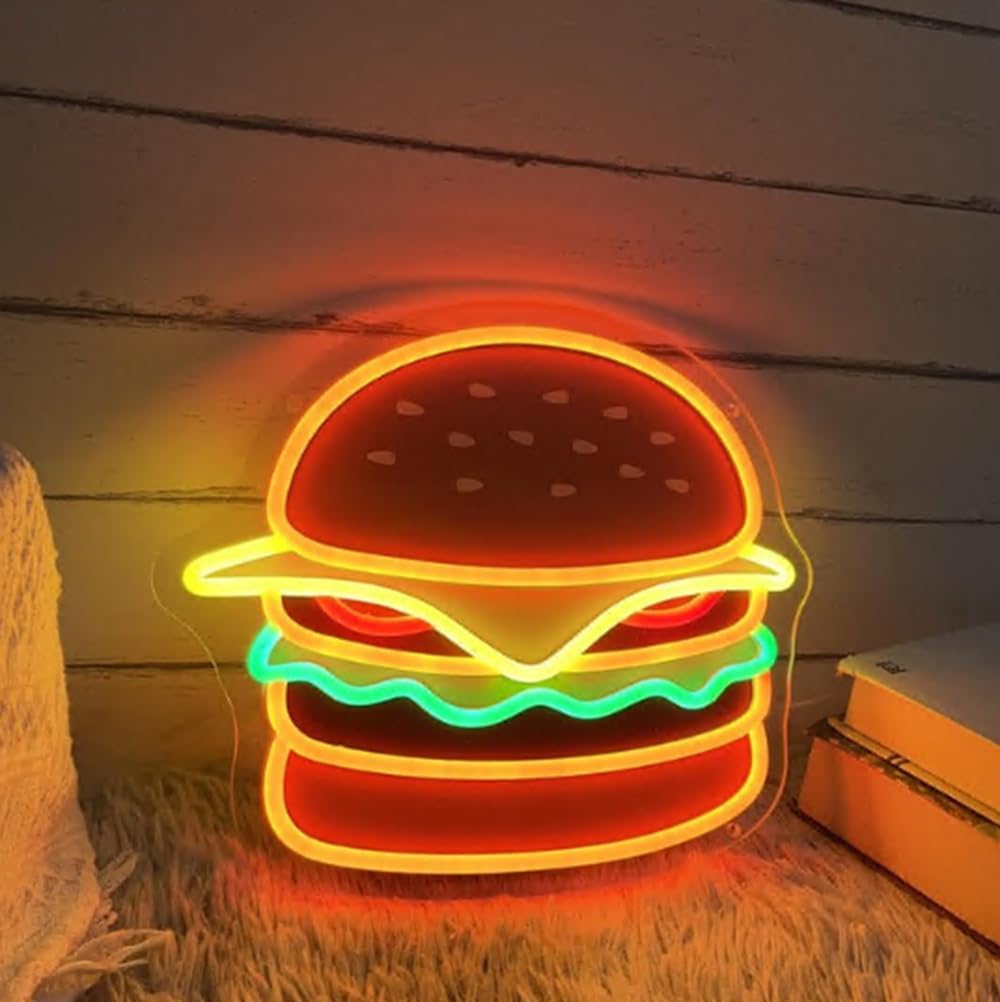 Burger LED Neon Sign, Custom UV Printed Hamburger LED Neon Light Home Kitchen Wall Decor Restaurant Fast Food Shop Decor Burger Lover Gift Size:20 X 17inch