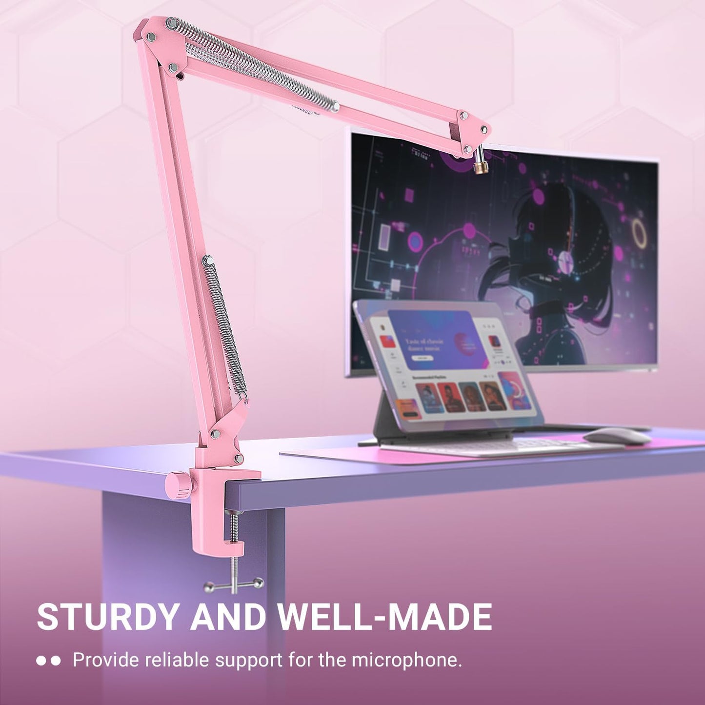 FIFINE Boom Arm Mic Stand, Microphone Arm with Desk Mount for Podcast Streaming Gaming Home Studio, Metal Suspension Scissor Boom Mic Stand-CS1 Pink