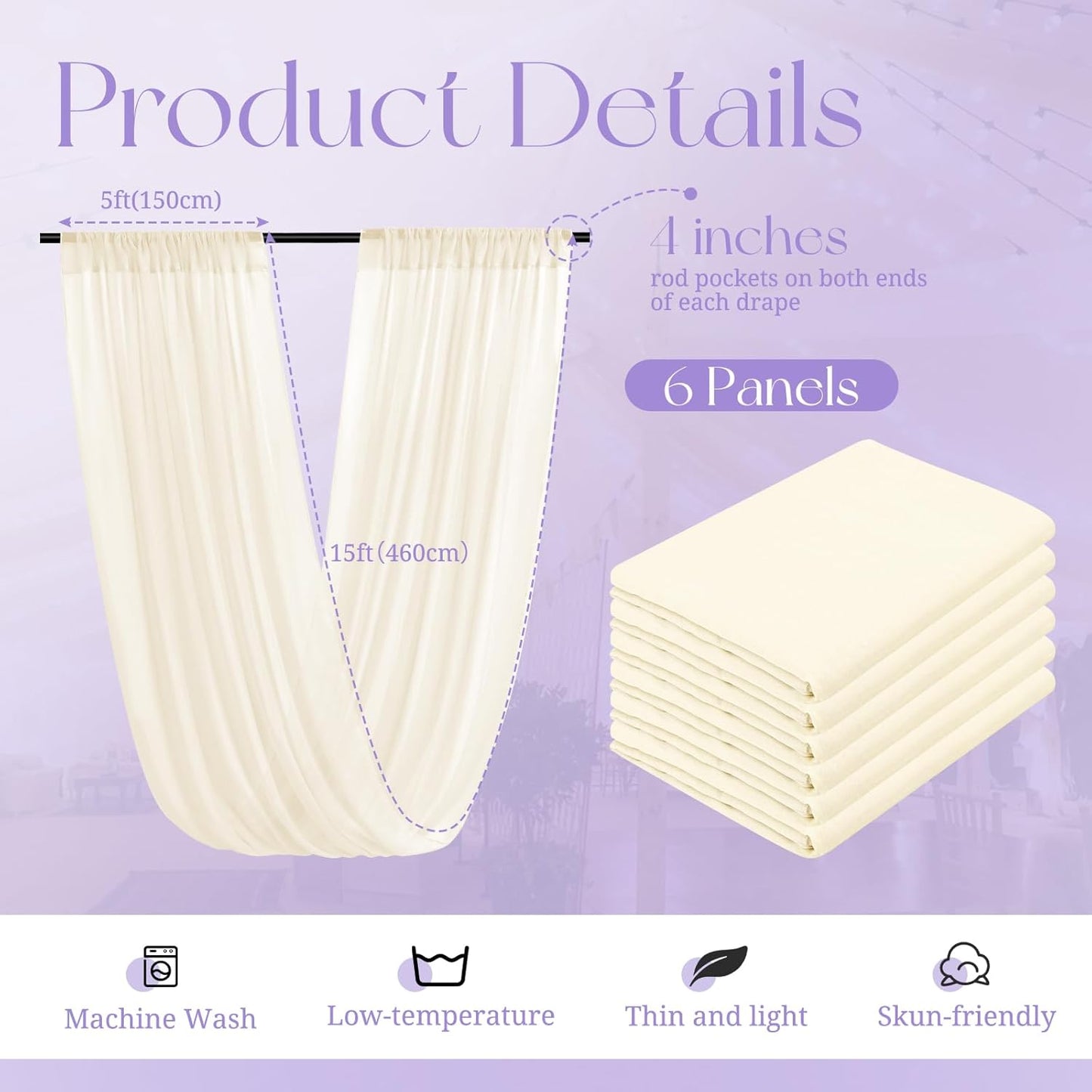 6 Panels Ivory Ceiling Drapes for Wedding, 5ftx15ft Ceiling Drapes Cheesecloth Sheer Fabric Curtain Wedding Arch Draping Fabric Romantic Ceiling Decorations for Weddings Party Ceremony Stage