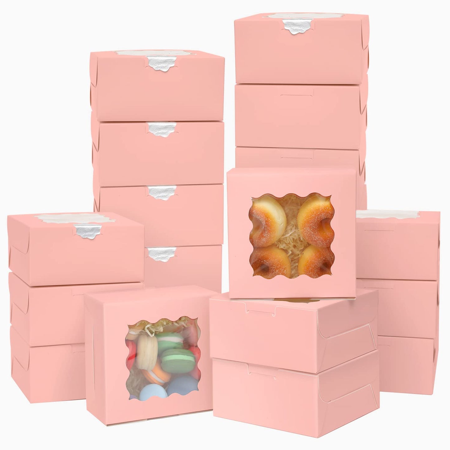 Bakepacker 100pcs Pink Bakery Boxes with Window 6x6x3 inches Thick & Sturdy Macaroon Pastry Boxes Cookie Boxes for Bakerys