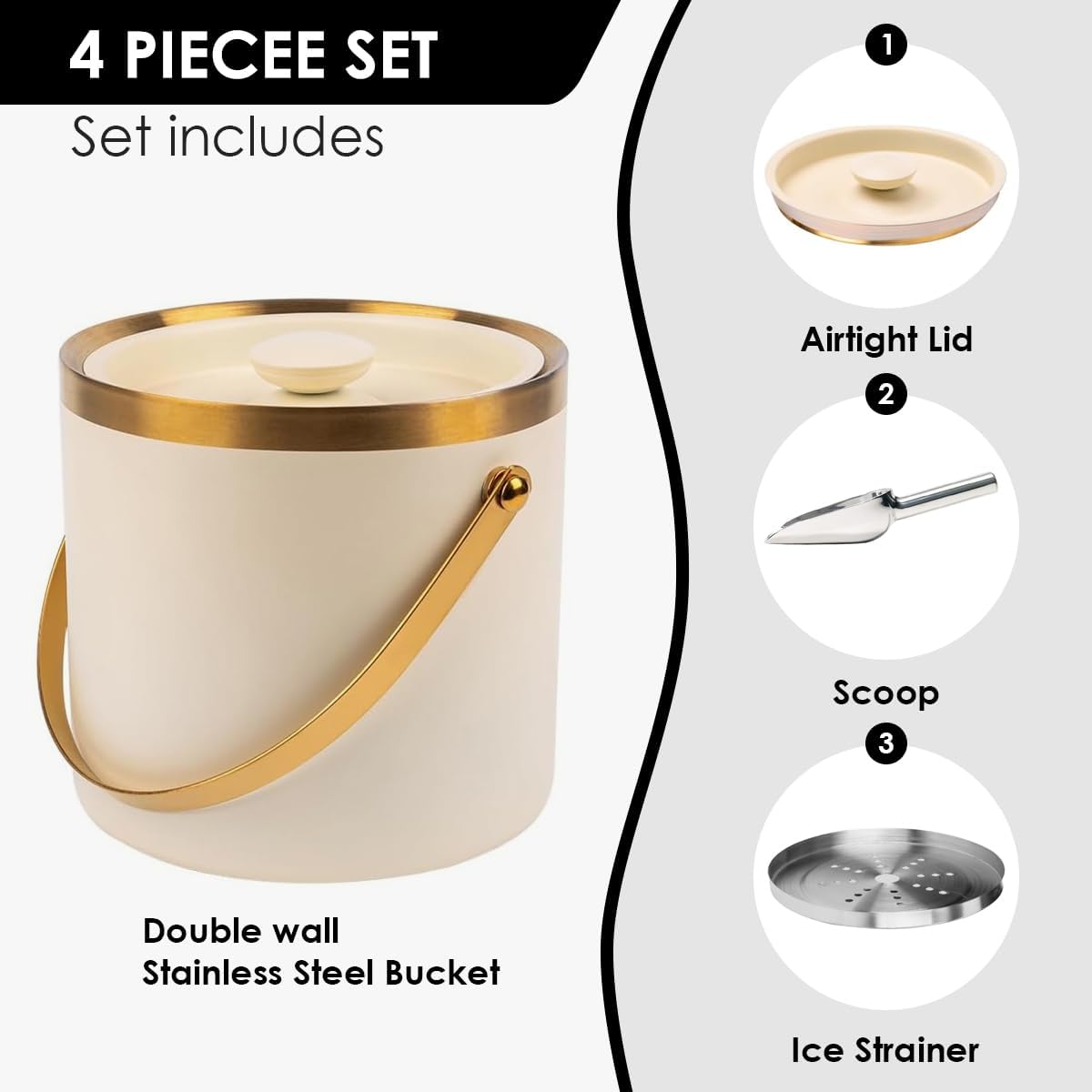 3L beige white Double Wall Insulated Stainless Steel Ice Bucket with scoop for Cocktail Bar,Metal Ice Bucket for freezer with Lid for parties.ice Container to Keep Ice Colder,bar cart accessories