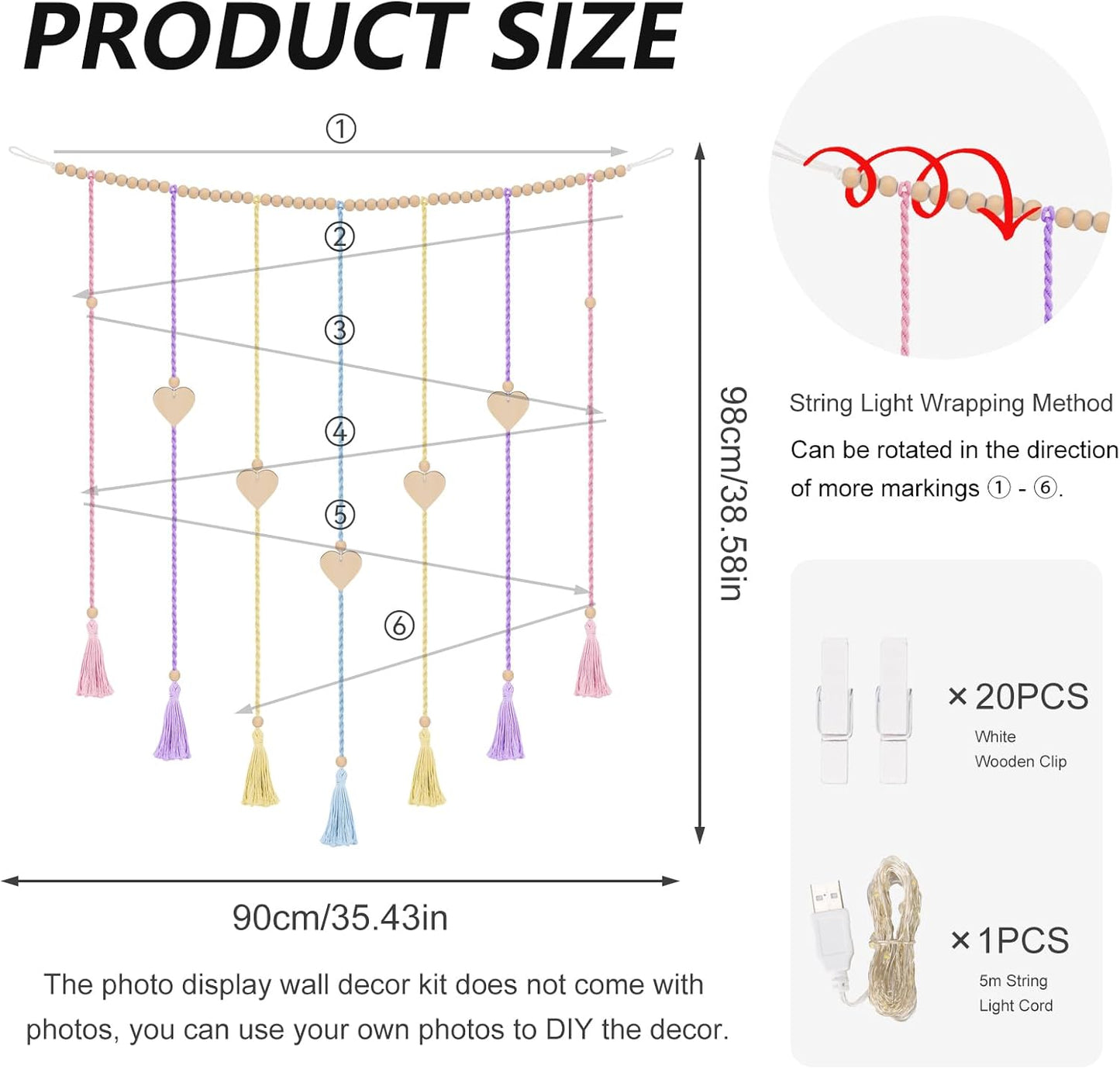 Boho Macrame Wall Decor with Hanging Photo Display and Fairy Lights 14 Wood Clips Picture Frame Holder for Teen Girl Gifts Bedroom Dorm Decor Christmas Birthday Party Art Hanging Decor