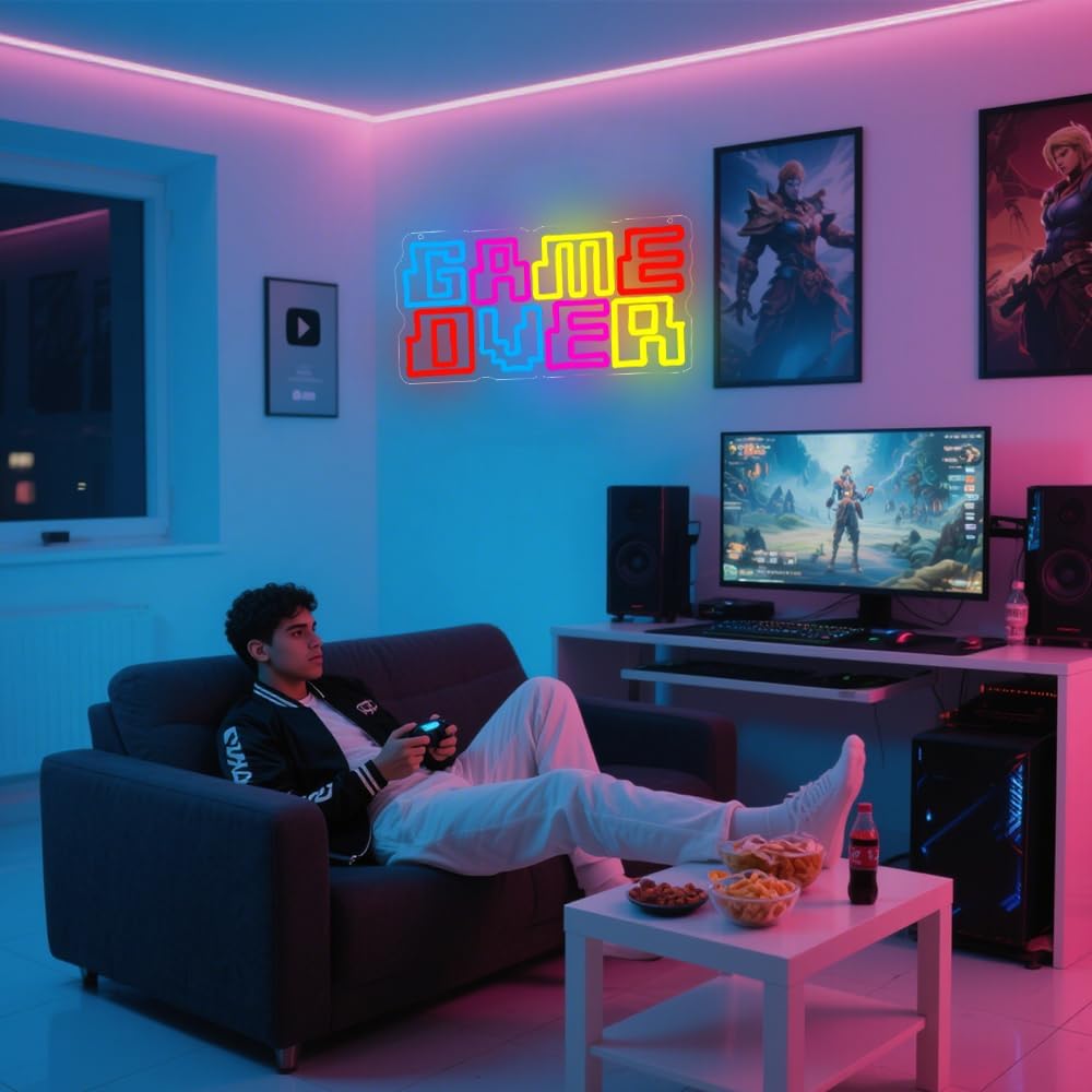 Game Room Neon Sign,Game Over Dimmable LED Light Signs for Wall Art Decor,Gamer Backdrop for Bedroom Club Party Man Cave,Gaming Gift for Boys Teen Men USB Powered（15.4"*7.9"）