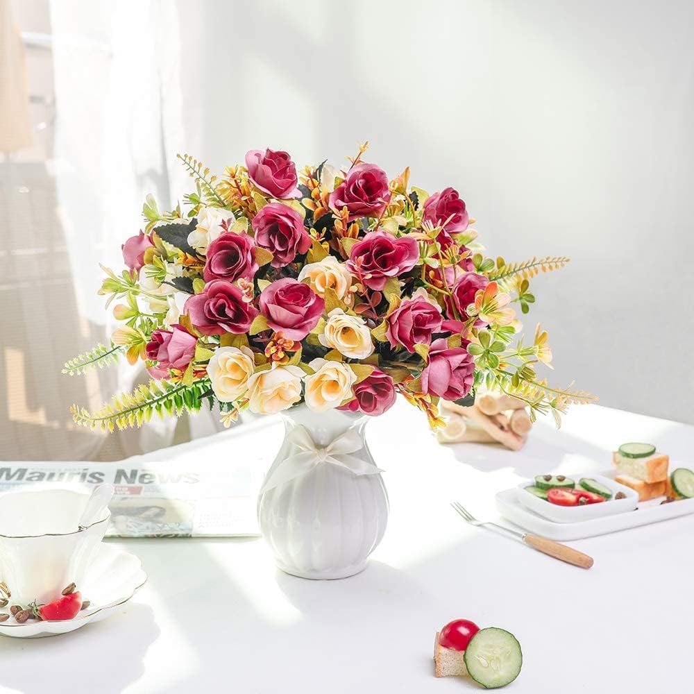 LESING Artificial Fake Flowers with Vase Silk Artificial Roses Wedding Flowers Bouquets Home Office Party Meeting Room Decoration (Violet red-1)