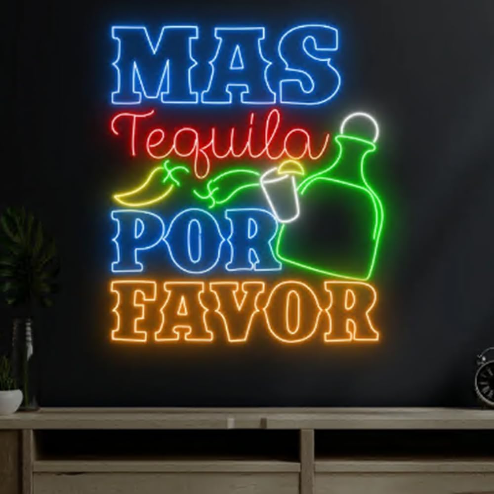 Mas Tequila Por Favor Neon Sign, 25" Mexican Cocktail Bar Light Up, Tequila Cocktail Led Light Signboard, Tequila Bar Pub Neon Light Decor