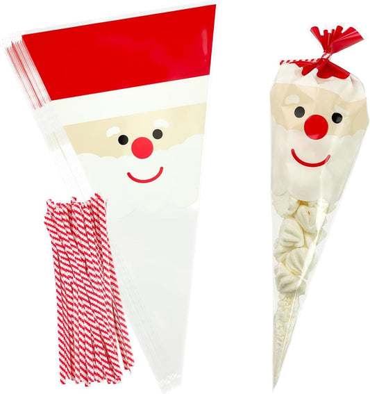 EKAPACKAGING 50Pcs 6.3x11.8 Inches Santa Print Cone Shaped Treat Bags with Ties, Christmas Clear Cellophane Bags, Party Favor Bags for Popcorn, Cookies, Cotton Candy, Gift, and Pretzel Rod