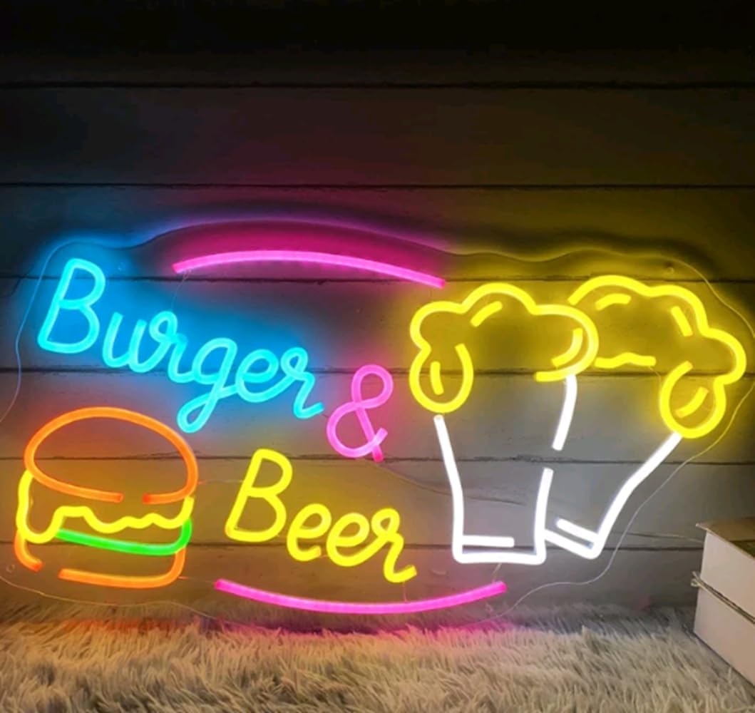 Burger & Beer Neon Sign, Custom Hamburger Snack Bar LED Neon Night Home Wall Decor Fast Food Coffee Shop Restaurant Pub Business Decoration Size:20x13inches