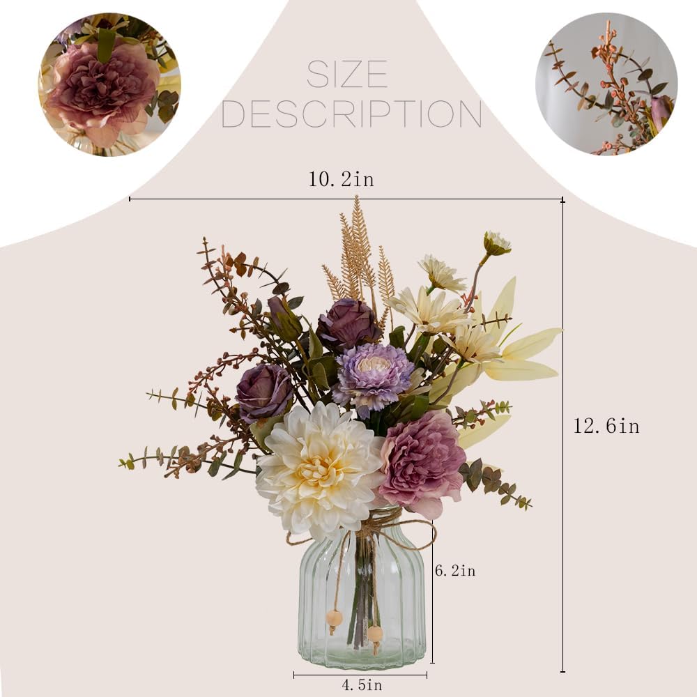 LESING Dahlia Flower Aritificial Flower with Vase Fake Silk Flowers in Glass Vase Faux Rose Flowers Arrangement for Home Office Table Centerpiece Decoration (Purple)