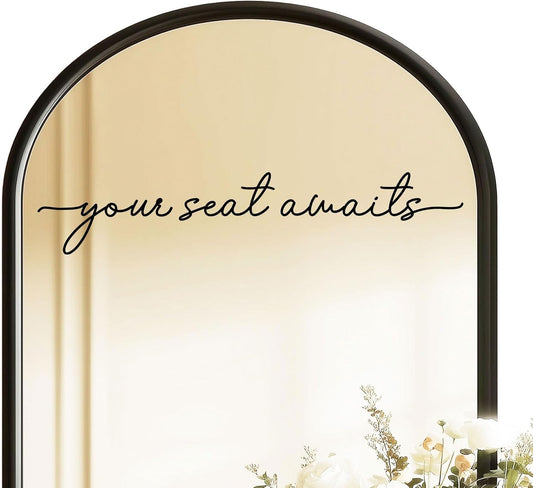 Your Seat Awaits Vinyl Decal, Wedding Seating Sticker, Mirror Decal for Seating, Please Find Your Seat Signs, Wedding Decor Sign (Black, Width 20")