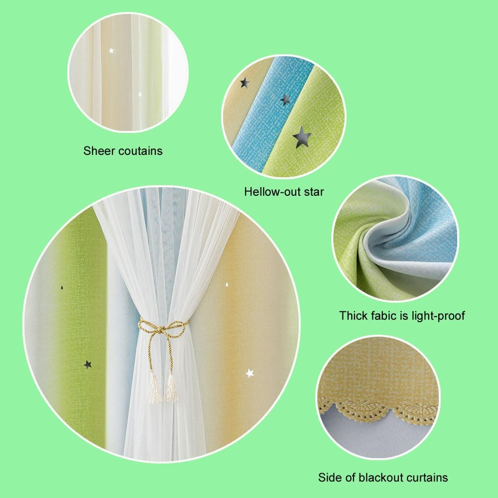 FANLI Ombre Rainbow Blackout Curtains for Kid Girls Bedroom Living Room Darking Stripe Double Layer Star Cut Out Wall Home Decor Gradient Grommet Window Curtains （Blue Green 52Wx95L）