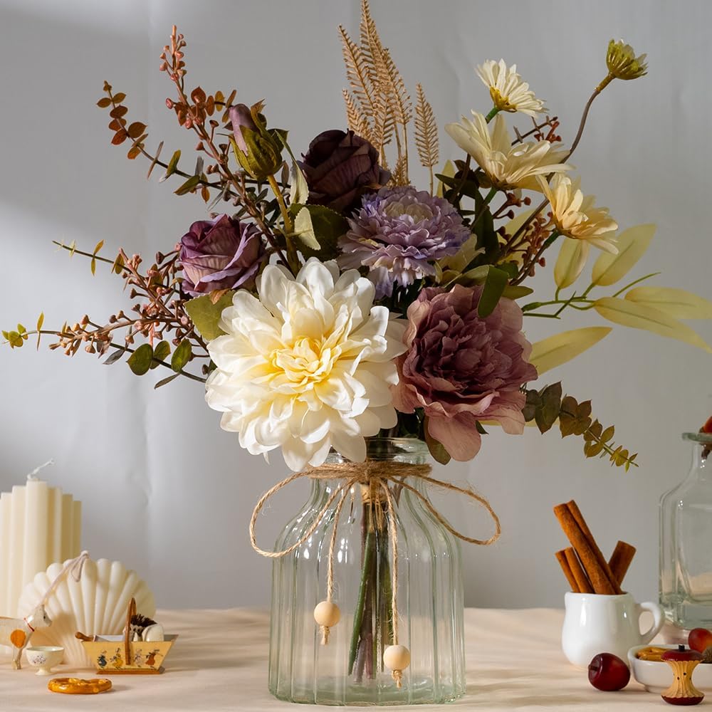 LESING Dahlia Flower Aritificial Flower with Vase Fake Silk Flowers in Glass Vase Faux Rose Flowers Arrangement for Home Office Table Centerpiece Decoration (Purple)