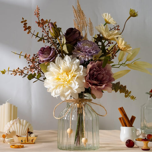 LESING Dahlia Flower Aritificial Flower with Vase Fake Silk Flowers in Glass Vase Faux Rose Flowers Arrangement for Home Office Table Centerpiece Decoration (Purple)