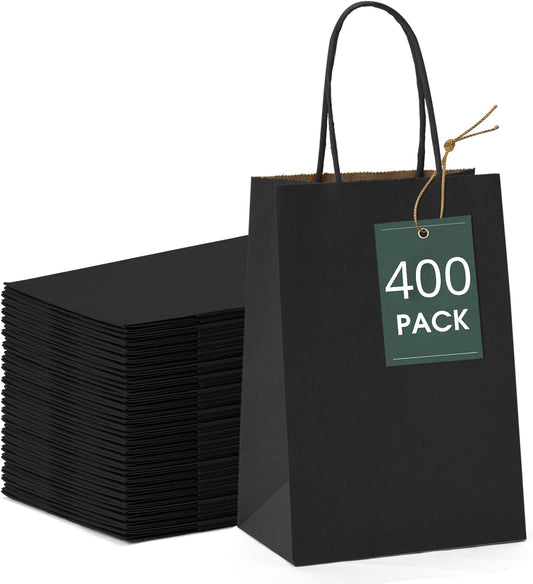 GSSUSA Black Gift Bags 5.25x3.75x8 400Pcs, Valentines Day, Paper Bags with Handles Bulk, for Small Business, Sturdy Kraft Paper, Retail Shopping, Gift Bag for Party Birthday