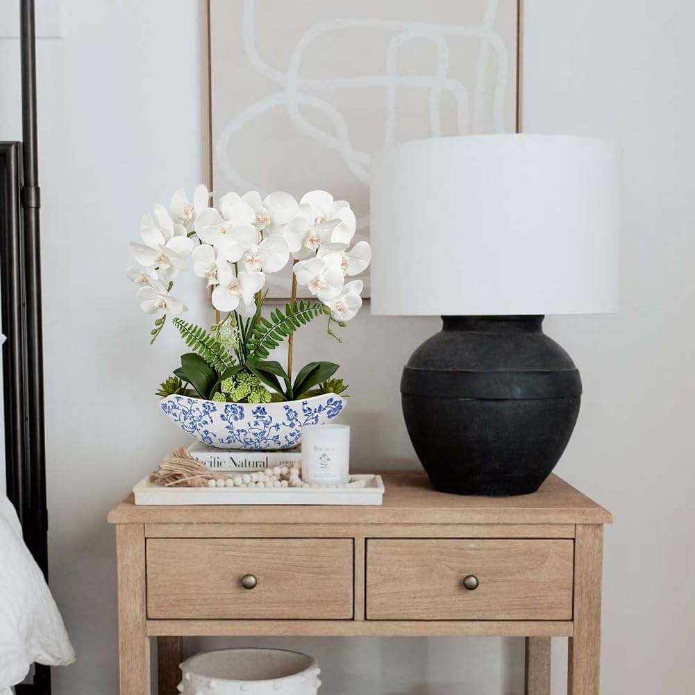 Briful Orchid Artificial Flowers 18in White Fake Orchid Silk Flowers with Blue and White Ceramic Vase Faux Orchid Arrangement for Home Office Room Coffee Table Centerpiece Modern Decor