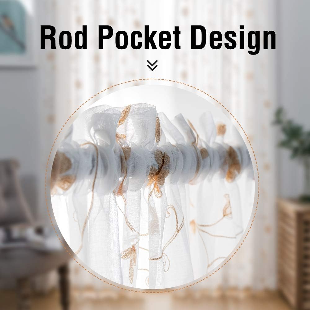 Sheer Curtains Gold 45 Inch Length,Floral Embroidered Rod Pocket Voile Drapes for Living room, Bedroom, Window Treatments Semi Curtain Panels for Yard, Patio, Villa, Parlor, Set of 2, 52"x 45".