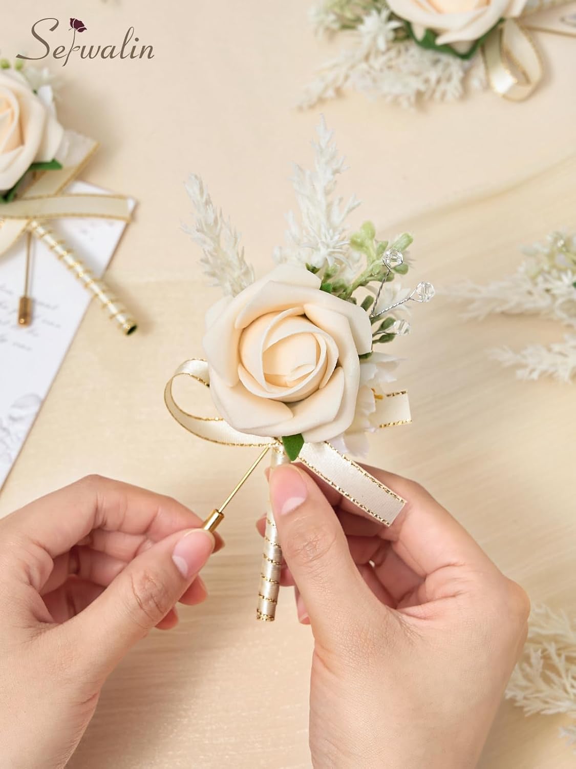 Serwalin 10Pcs Boutonniere for Men Wedding, Champagne Groom and Best Man Boutonniere, Artificial Flowers for Wedding Decor Prom Homecoming Ceremony Anniversary Formal Dinner Party