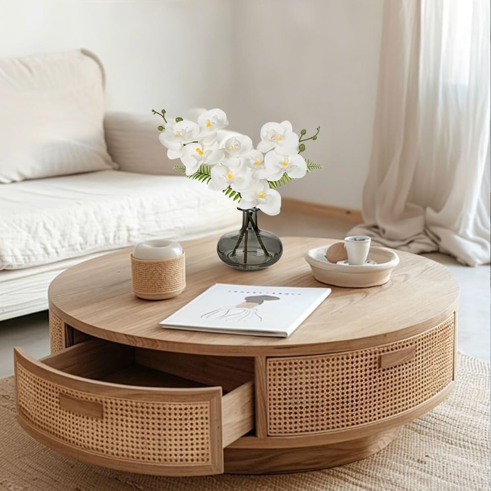 White Orchids Artificial Flowers with Vase, Small Faux Orchid Arrangement Fake Flower in Woven Glass Vase Black and White Decor Small White Centerpieces for Kitchen Dining Room Tables Bathroom Decor