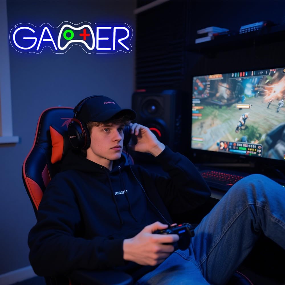 Gamer Neon Sign,Gamepad Shaped Dimmable LED Light Signs for Wall Art Decor,Gaming Backdrop for Game Room Bar Bedroom Club Party Man Cave,Game Gift for Boys Teen Men USB Powered（15.4"*4.1"）