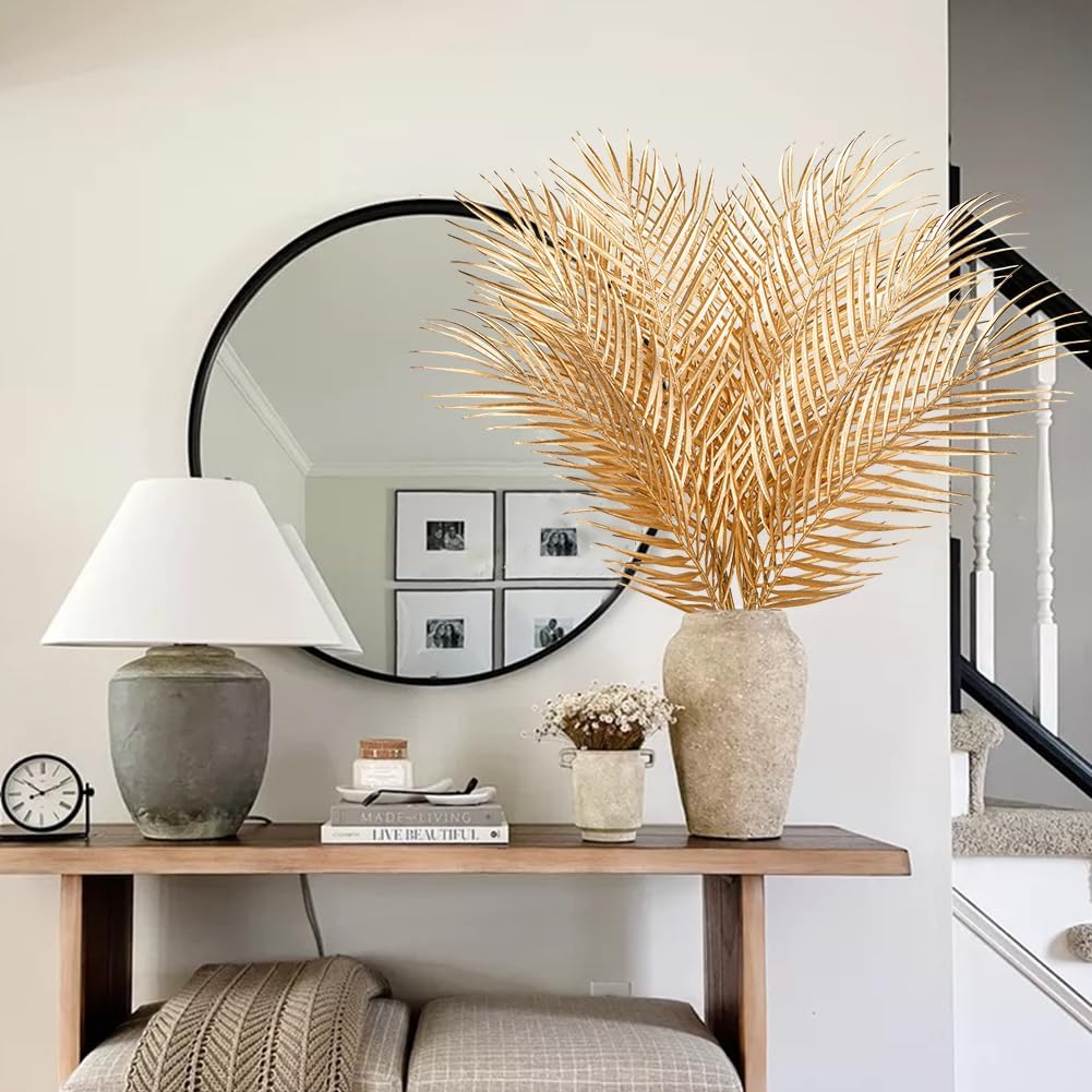 29” Large Gold Palm Leaves Palm Fronds Tropical Leaves Areca Palm Branches Artificial Palm Leaves with Stem Golden Palm Tree Leaves Faux Palm Leaves for Floral Arrangement Fake Gold Leaves 12Pcs