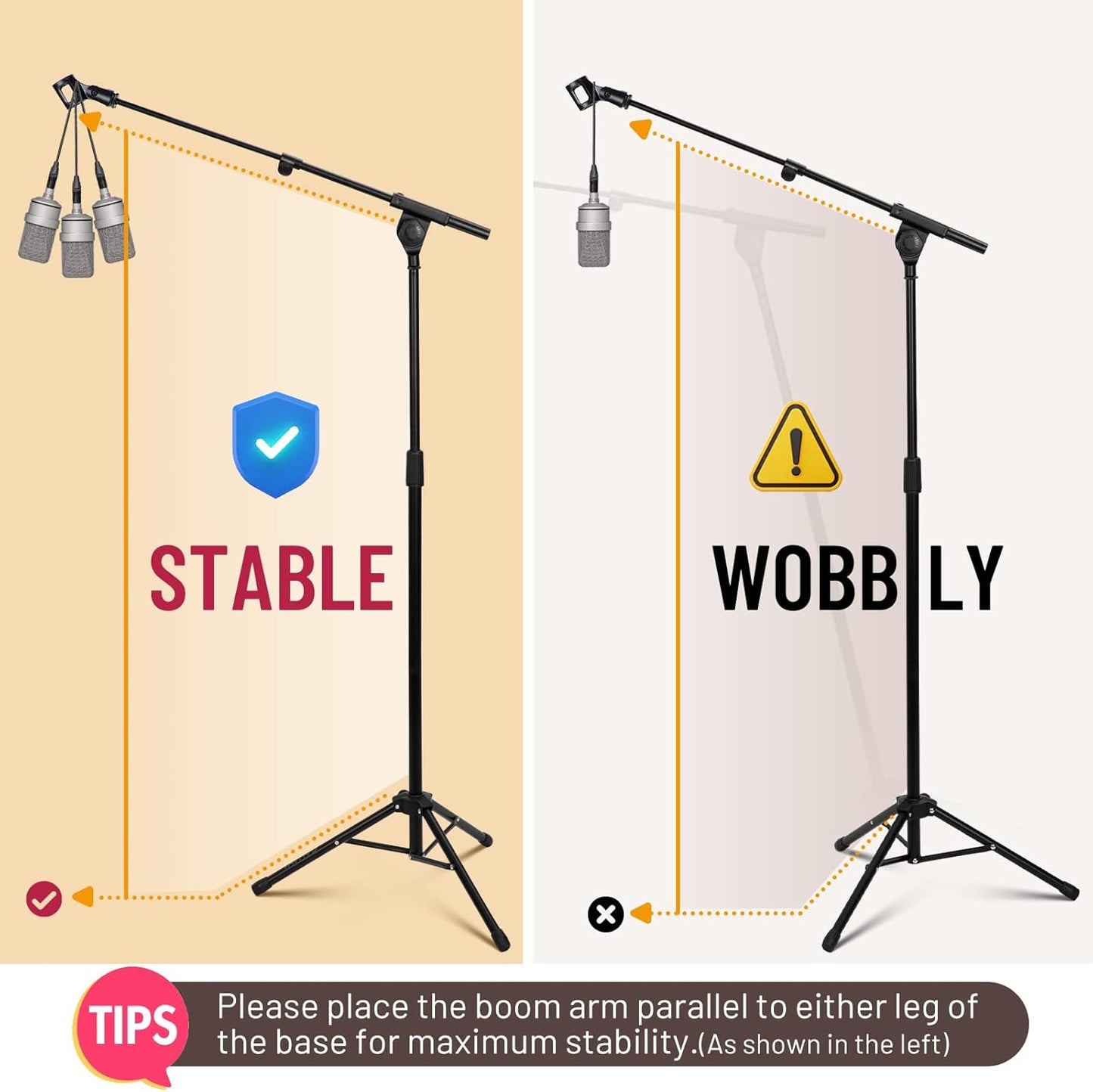 CAHAYA Mic Stand Tripod Boom Arm Floor Microphone Stand Height Adjustable with Carrying Bag and 2 Mic Clips 3/8" to 5/8" Adapter for Singing Performance Podcast