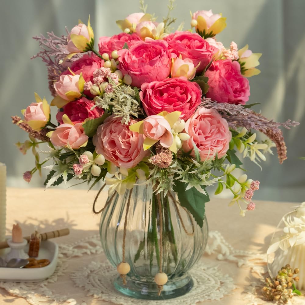 Artificial Peonies Silk Flowers Bouquet in Glass Vase Faux Flowers Bouquets Modern Penoy Arrangement for Home Decoration Table Centerpiece (Bouquet-Rose Red)