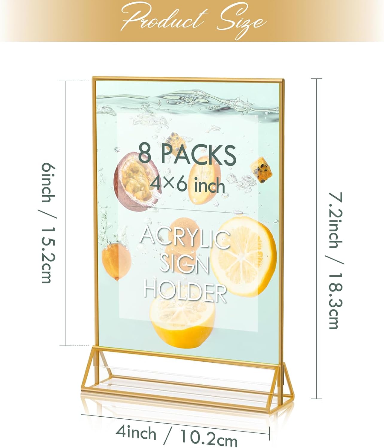 HOODO 8 Pack 4x6 Acrylic Table Number Holders with Golden Border, Double-Sided Clear Acrylic Sign Holder Gold Picture Frames Sign Holder, Vertical Stand (4"x6"-8 Pack)