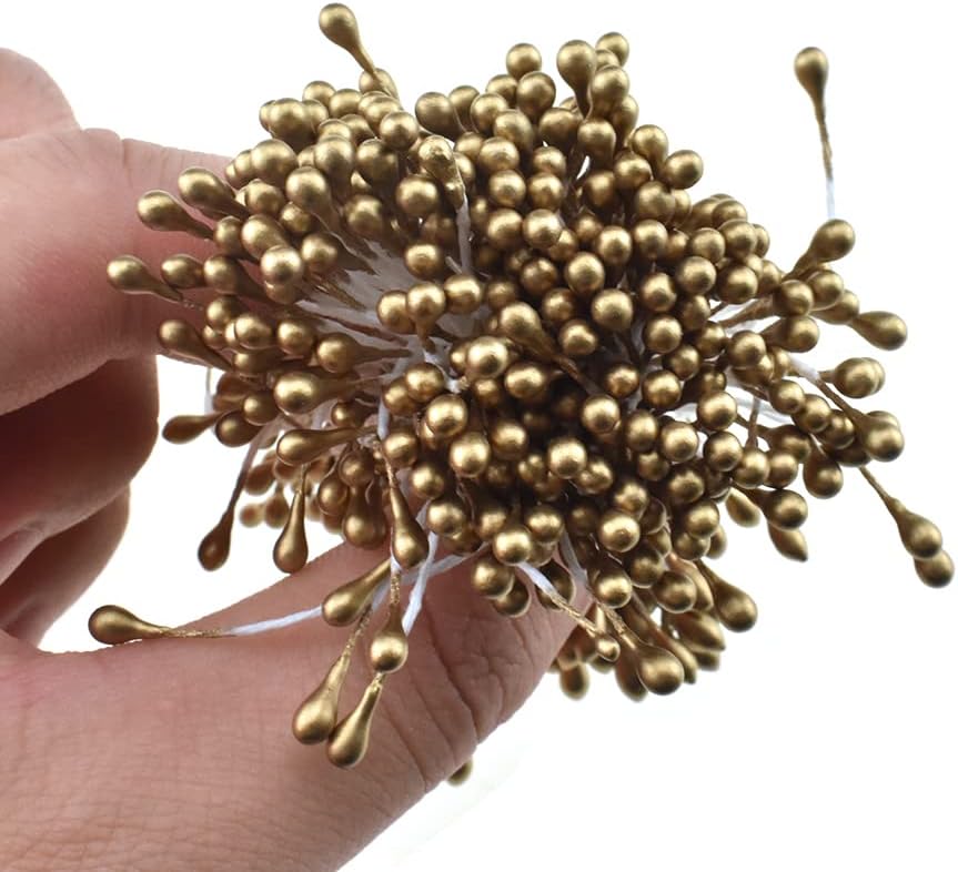 HAHIYO 700pcs 3mm Gold Pearl Double Heads Flower Pistil Hand-Made Artificial Flower Parad National Pearlized Floral Stamen for Scrapbook Decoration