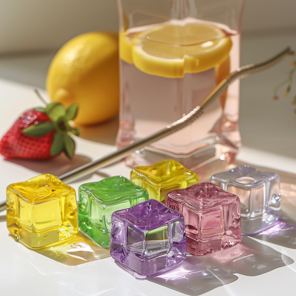 HappyFiller 76 PCS Crystal Square Small Acrylic Ice Cubes Clear Artificial Ice Rocks for Photography Props,Food Display,Vase Filler,Table Scatters,Crafts,0.7 Inch, Multi Colors