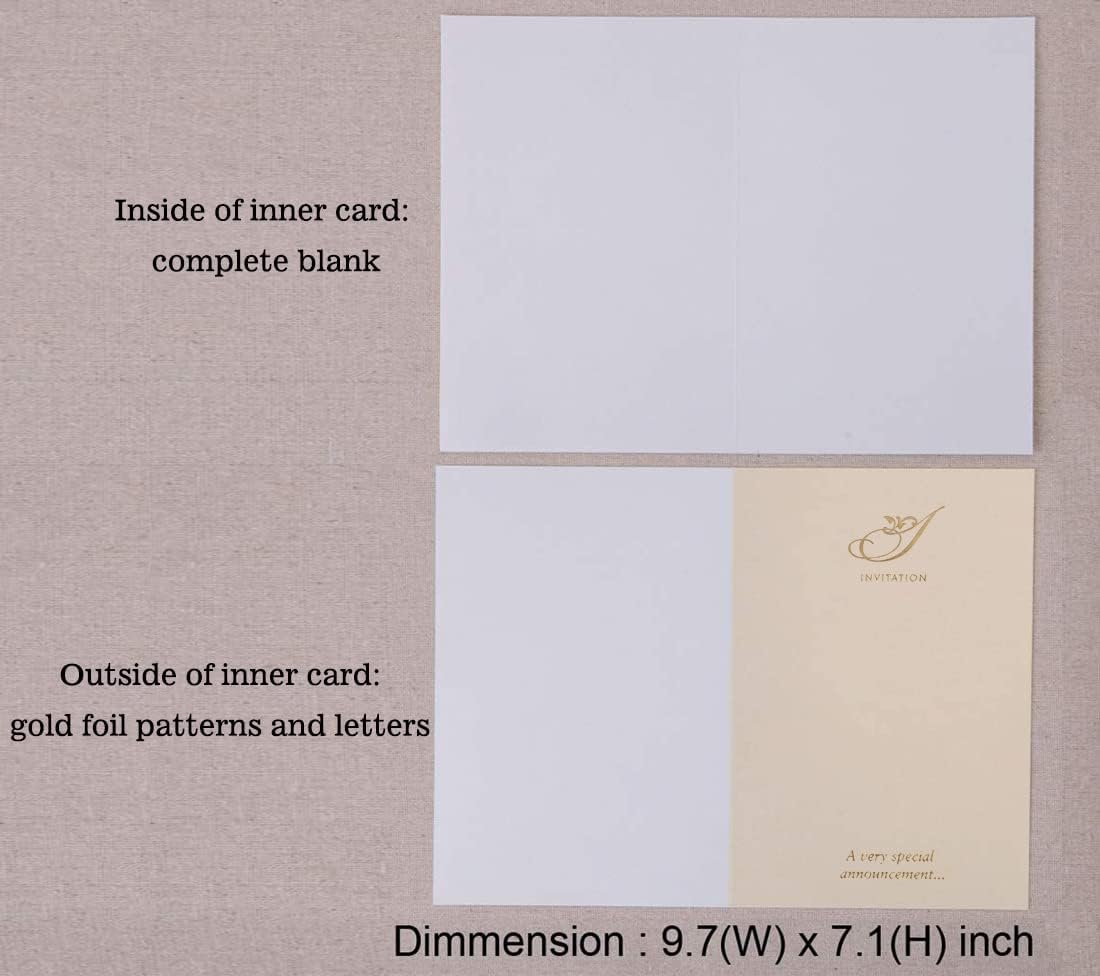 Hosmsua 50PCS Customized Ivory Wedding Invitations Kit 5.12x7.2 Inch Laser Cut Gold Foil Hollow Flora Lace Sleeve Pocket Wedding Quinceanera Invitation with Envelopes