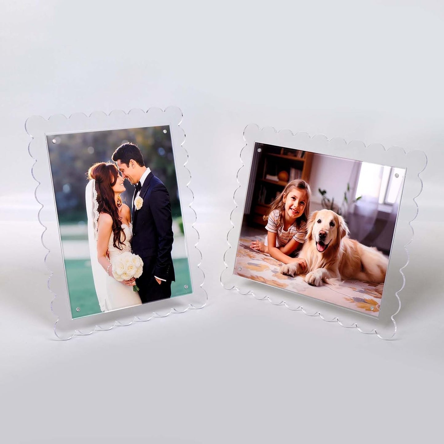 Cuspin 8x10 Acrylic Picture Frames 2 Pack, Clear Scalloped Magnetic Acrylic Photo Frames with Dual Kickstand Holes for Vertical and Horizontal Display