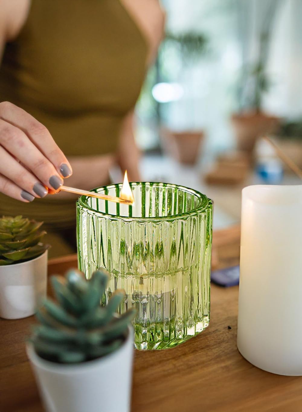 Serene Spaces Living Set of 4 Green Ribbed Glass Votive Holders, Perfect for Weddings and Home Décor, Measures 2.25" Tall and 2" Diameter