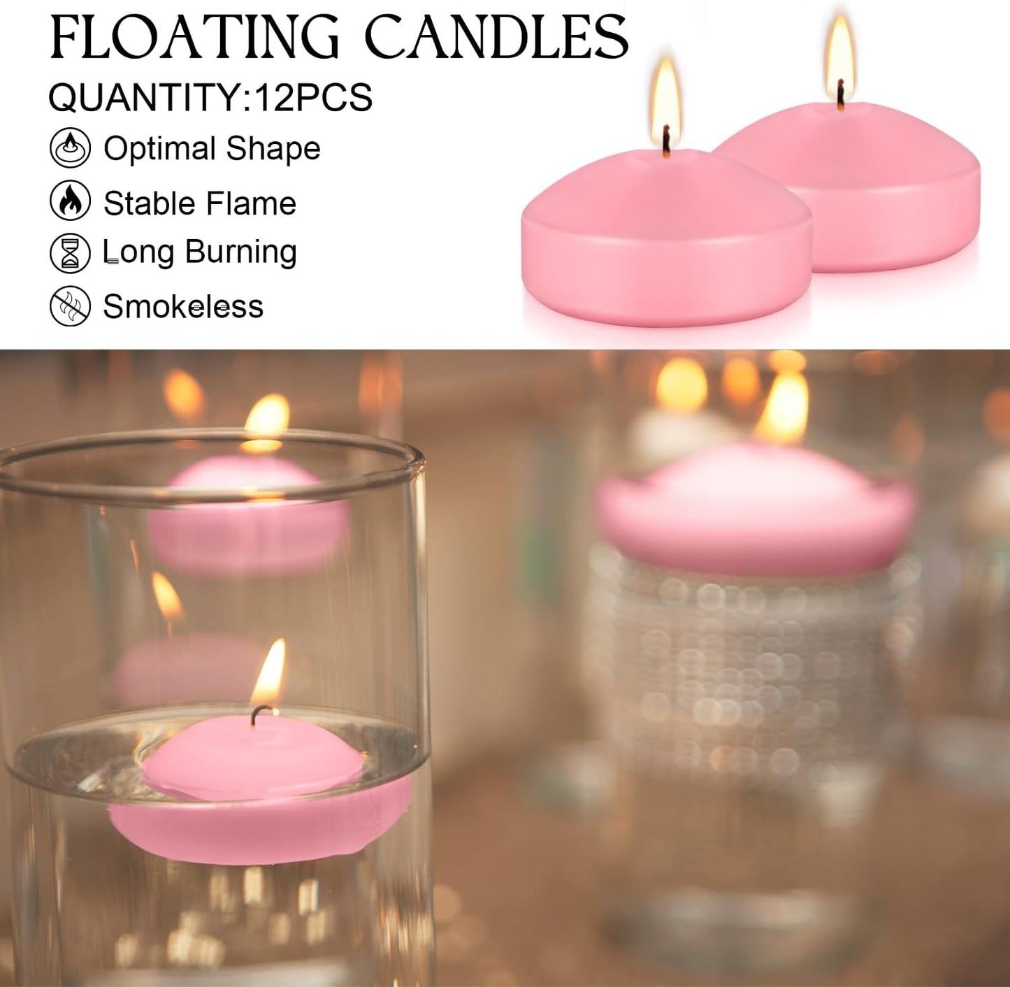 12 Pcs 3 inch Romantic Pink Floating Candles, Smokeless and Unscented, Burns for 8-10 Hours, are Ideal for Weddings, Parties ，Vacations, and Home Decorations