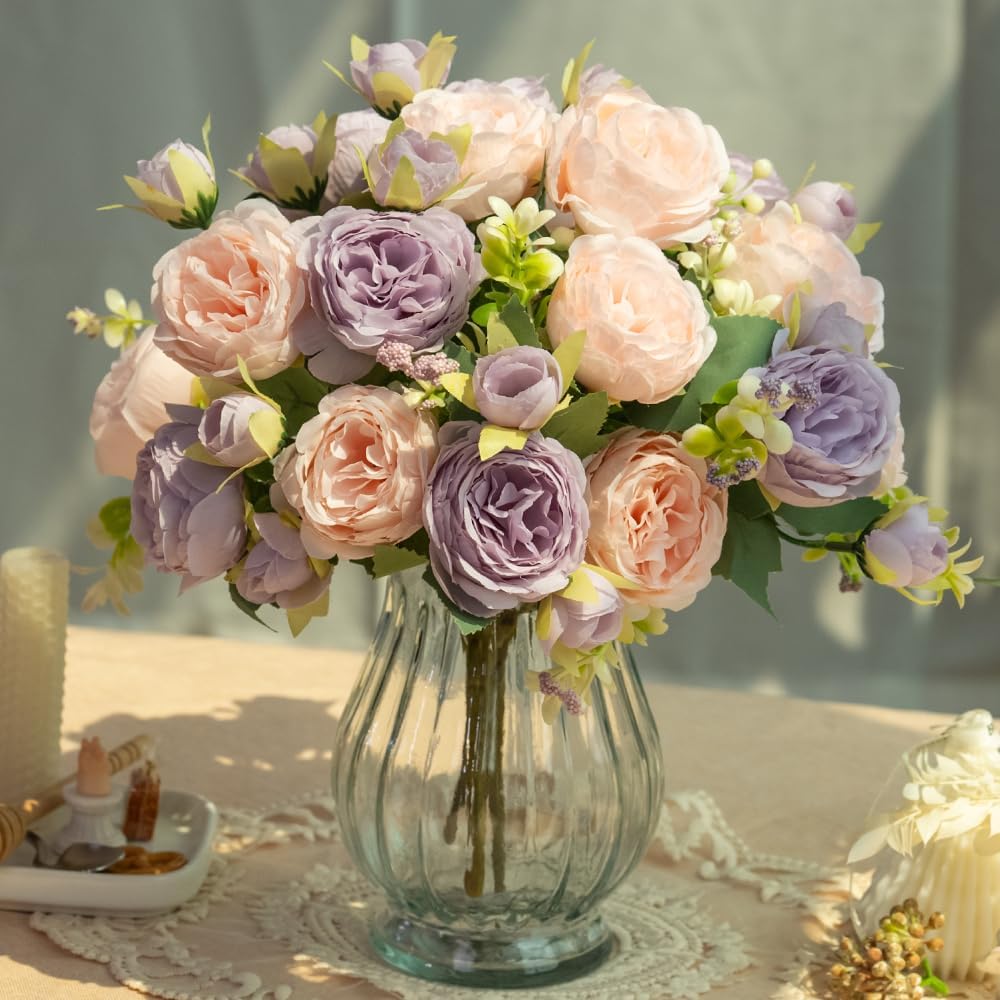 Artificial Peonies Silk Flowers in Glass Vase Faux Flowers Bouquets Modern Penoy Arrangement 4 Pack for Home Decoration Table Centerpiece (Pink Purple)