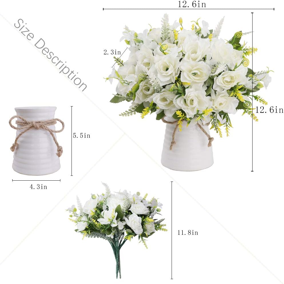 LESING Artificial Flowers with Vase for Table Centerpieces,Fake Silk Gardenia Flower in Vase Decoration for Home Office Party (White)